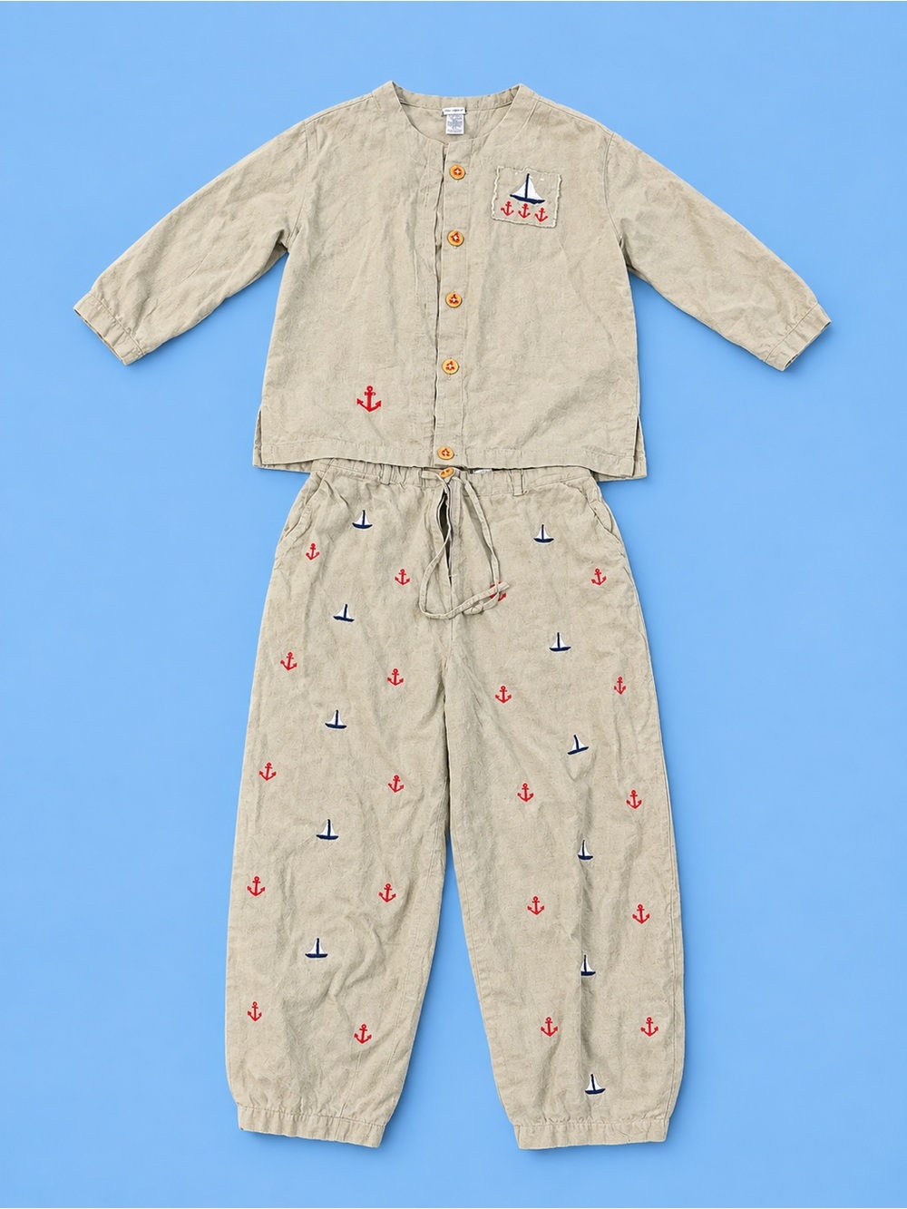 Beige Nautical-Print Girls Pajama Set